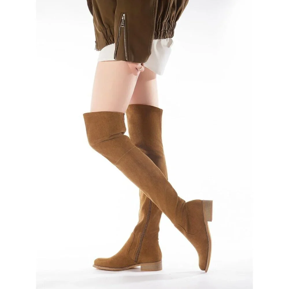 Women Brown Faux Suede Over The Knee Thigh High Low Block Heel Pointed Toe Boot